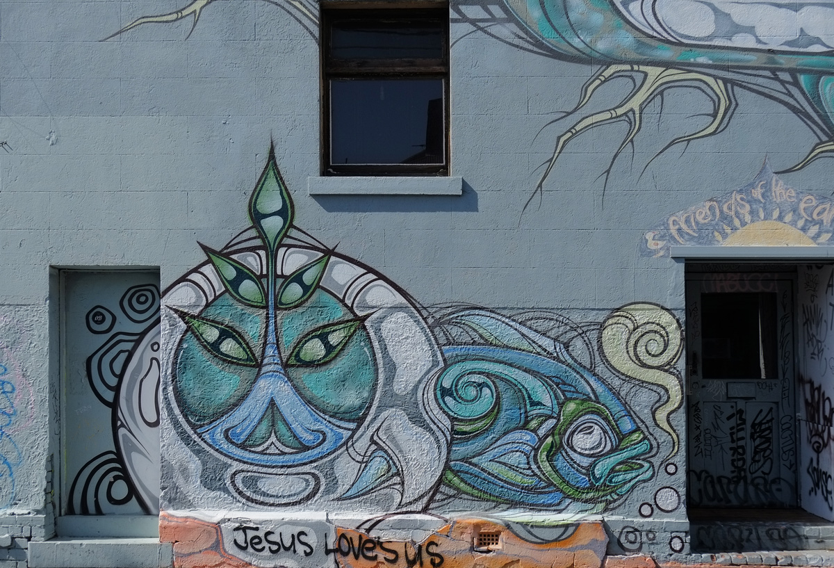 a street art liion in blues, stylized, also a fish, on a wall under a window and beside a door, by phibs in 2015, on a street in Melbourne Australia 