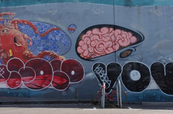 part of a whale mural showing pink brain inside head
