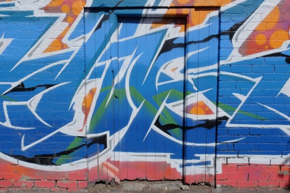 door in a fence in an alley covered with street art, textual 