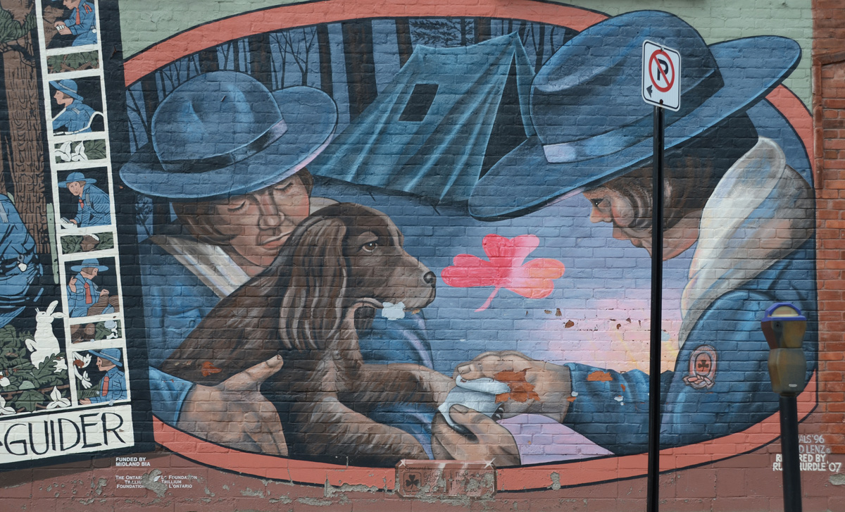 vintage Girl Guides in blue hats tending to a wounded dog, with a sore paw, tent in the background. 