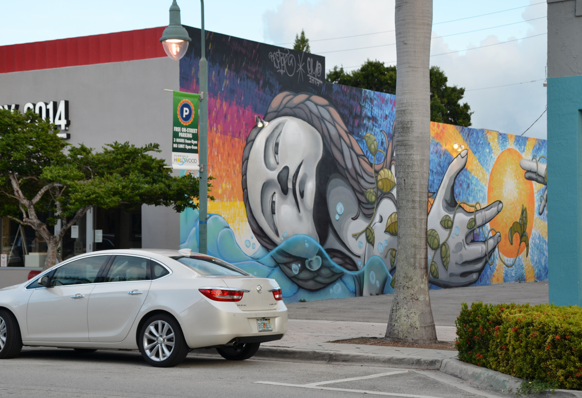 one end of a mural by emo and remote in hollywood florida can be seen on the side of a building, as seen from across the street, car parked in front, tall palm tree