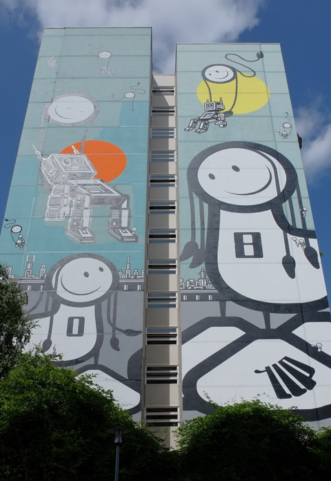 Urban Nation Tegel Art Park, large mural on side of 13 storey building, 