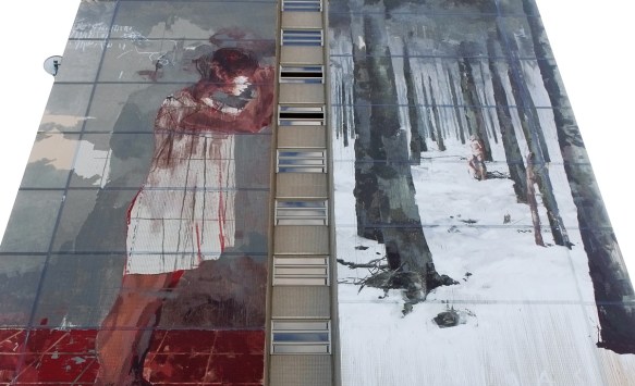 close up of top part of dark mural by Gonzalo Borondo, a girl with blood at her feet, a forest in winter, Urban Nation Tegel Art Park, large mural on side of 13 storey building, 