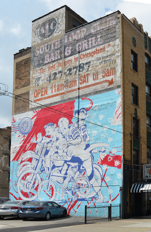mural by asup on the side of a bar and grill on Balboa street in Chicago, in red, white and pale blue