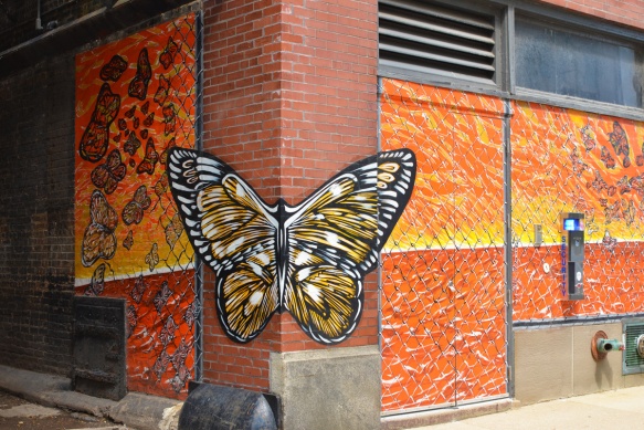 a butterfly painted on the corner of a building