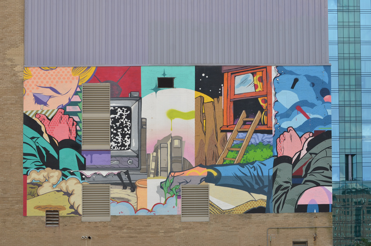 a bright collage-like mural