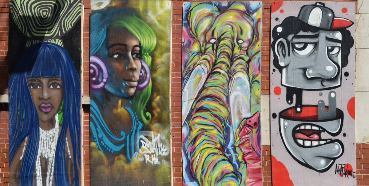 four vertical panels close together, the two on the left are portraits, then an elephant and then a cartoon character by antckone 