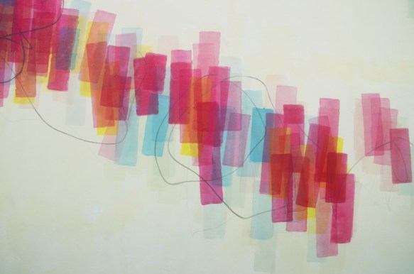 vertical bars of colour in a mural, mostly red and pinks with some blue and yellow 