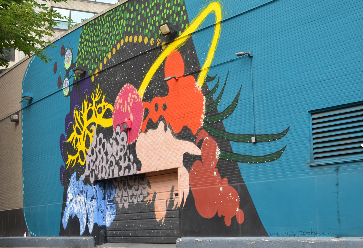 X Marks the Milky Way, a mural in a Chicago alley by Renee Robbins, abstract colours and shapes on a teal background 