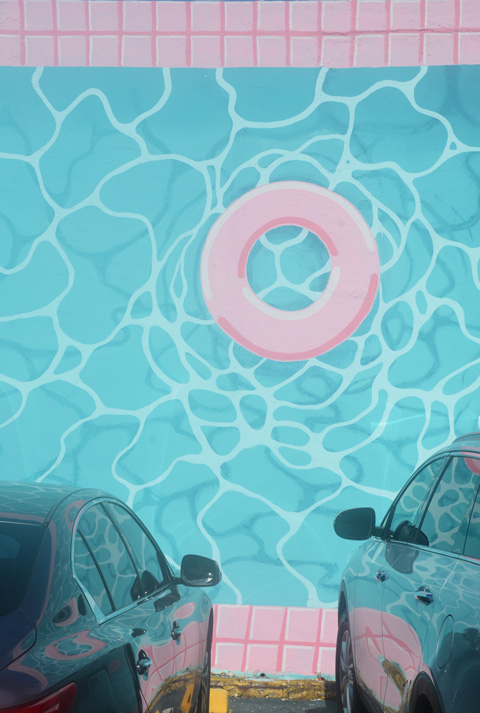 aquamarine coloured water in a mural with pink tile edges on the pool and pink life ring floating in the water