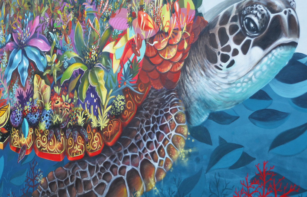 close up detail of the colours and shapes in a turtle shell, mural 