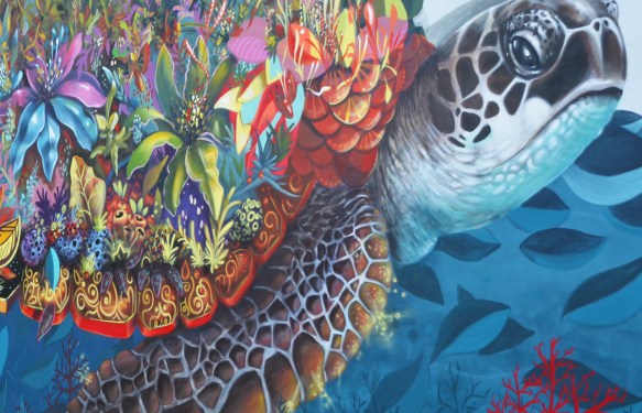 close up detail of the colours and shapes in a turtle shell, mural 