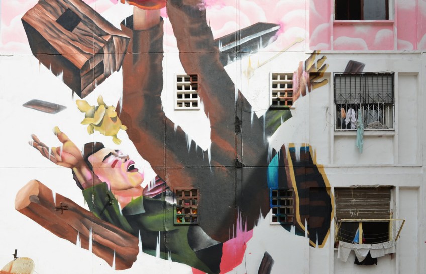 mural of man falling