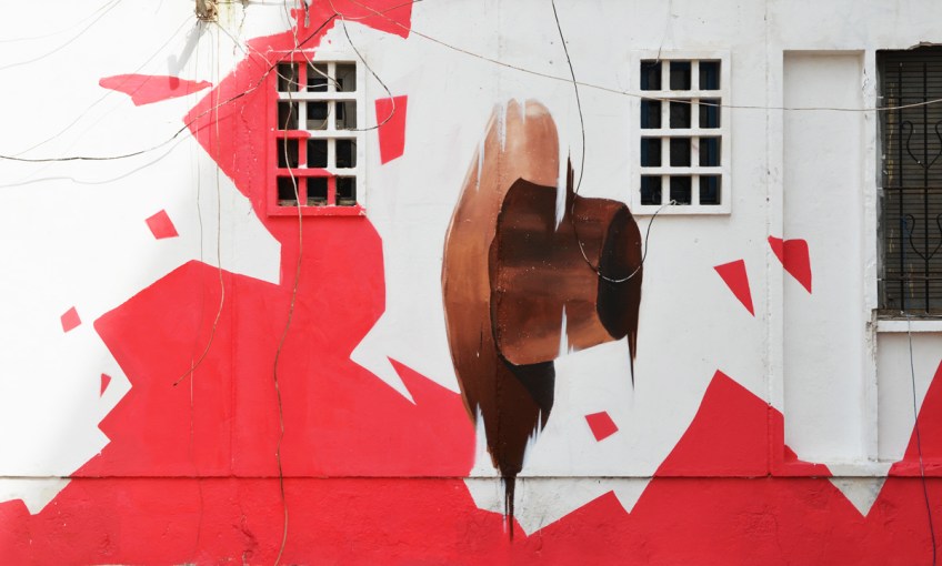 part of a mural by oldr, a brown hat falling