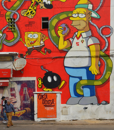 a mural of cartoon characters by moka, Homer Simpson and Spongebob Squarepants