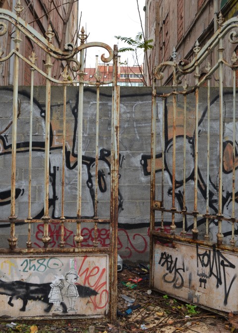 behind the rusted bars of an old gate is graffiti as well as weeds and small trees with no leaves