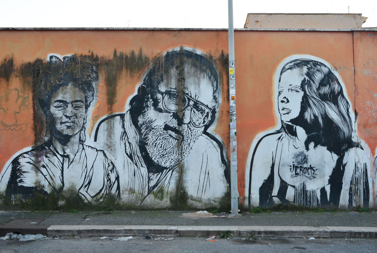 three people, large portraits by sten and lex, Italian street arts, in a mural on two sides of the street, of famous people and common people, 