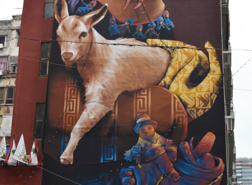 holding onto a goat in a mural, other little men