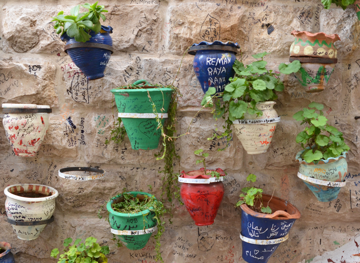 colourful flower pots attached to a wall with plants in them 