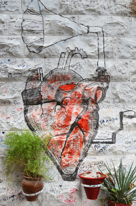 anatomical looking picture of a human herat, coloured red, with an old fashioned gramaphone speaker coming out of the top of it, street art 