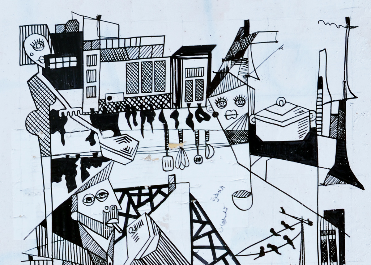 close up of the top half of the poster - protest graffiti in Beirut, a black and white line drawing by rasharahal