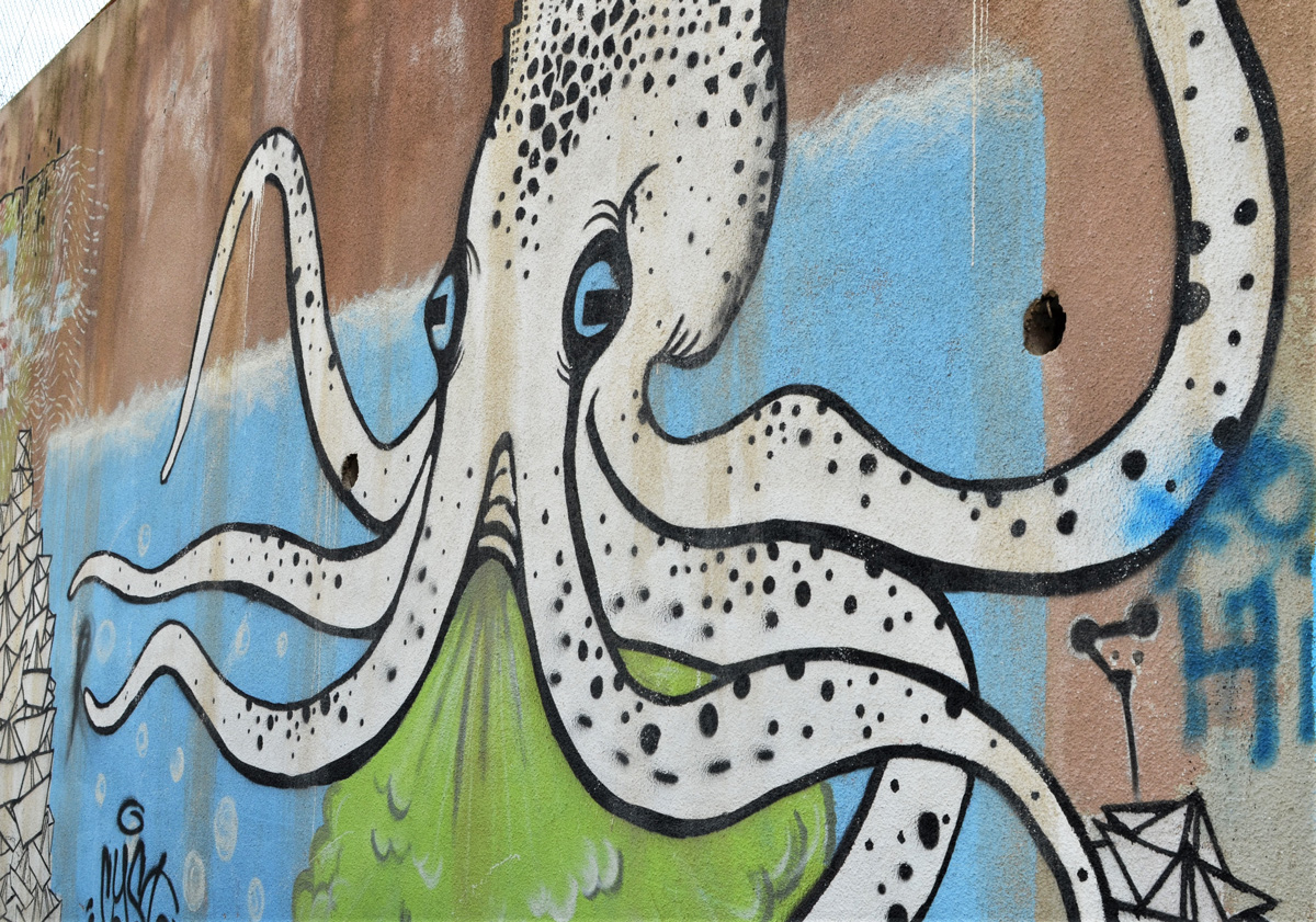 street art white octopus with black dots, blue eyes, on a blue and green background