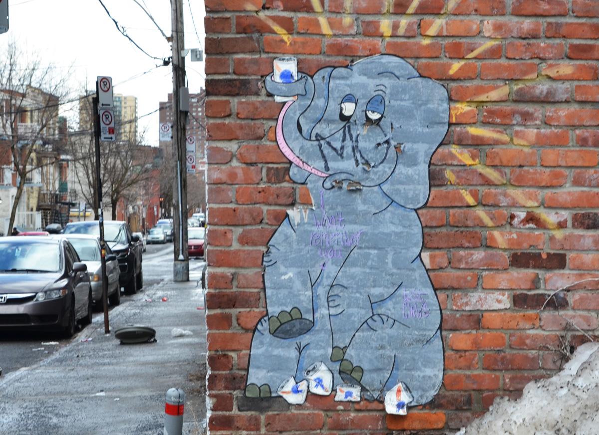 pasteup on a brick wall, a grey elephant drinking cans of beer with words about how he's not going to remember 