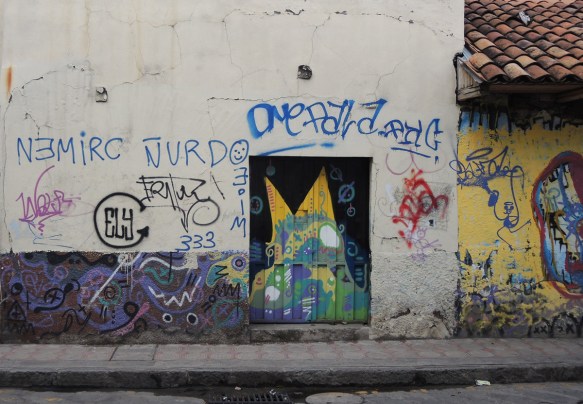 cat mural on a boarded up door 