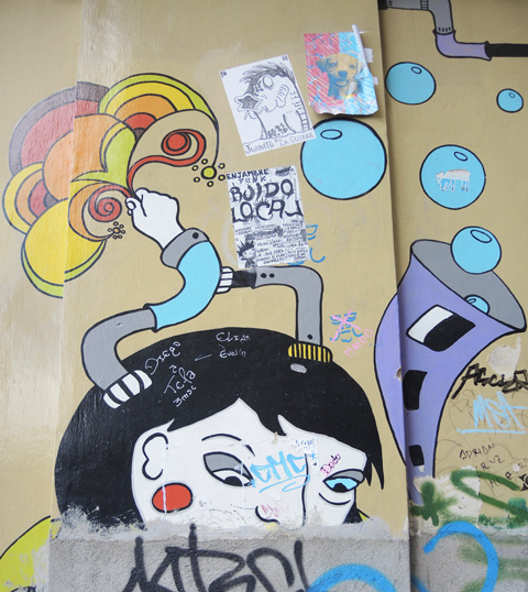 part of a Cuenca mural, white background, bubbles coming out of a blue pipe