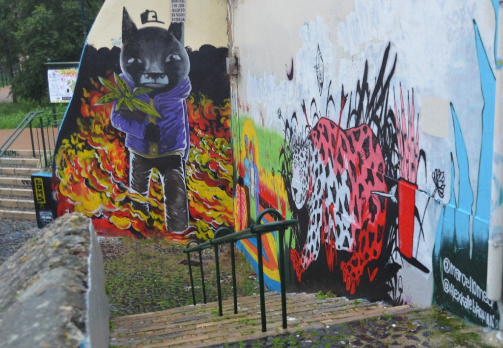 some murals on a wall in Lisbon, a black cat, and a black and white leopard