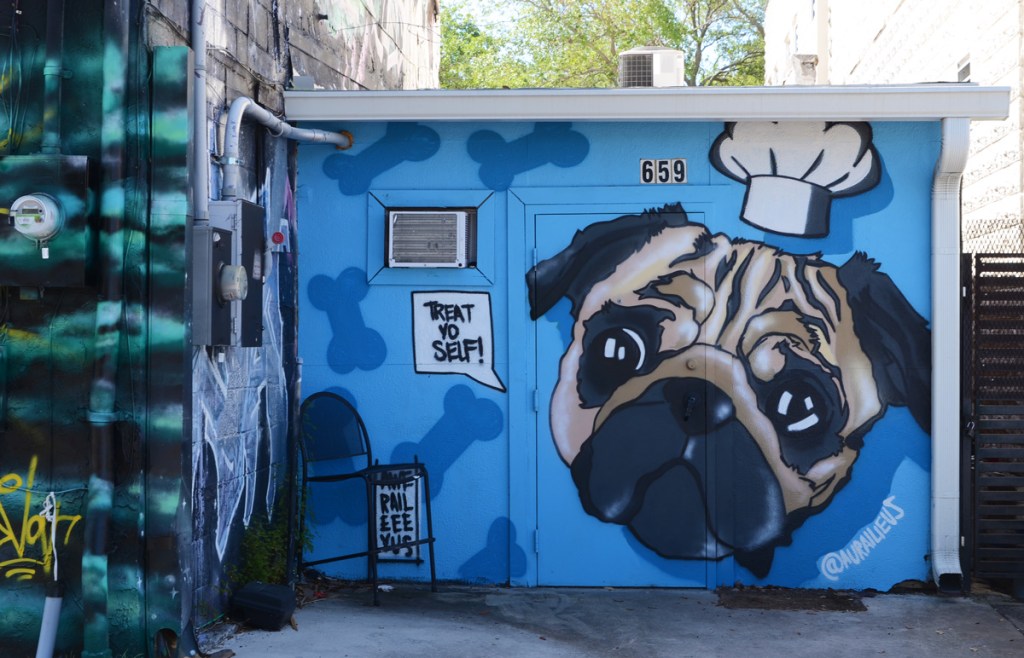 mural of a black pug dog on blue background