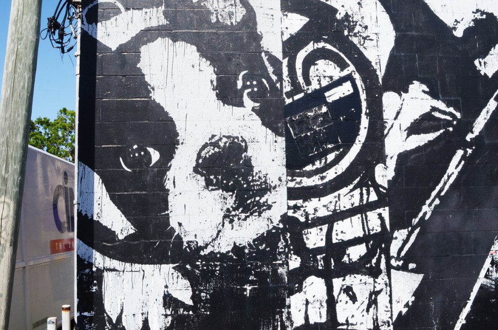 close up of part of a bask mural, a dog's face