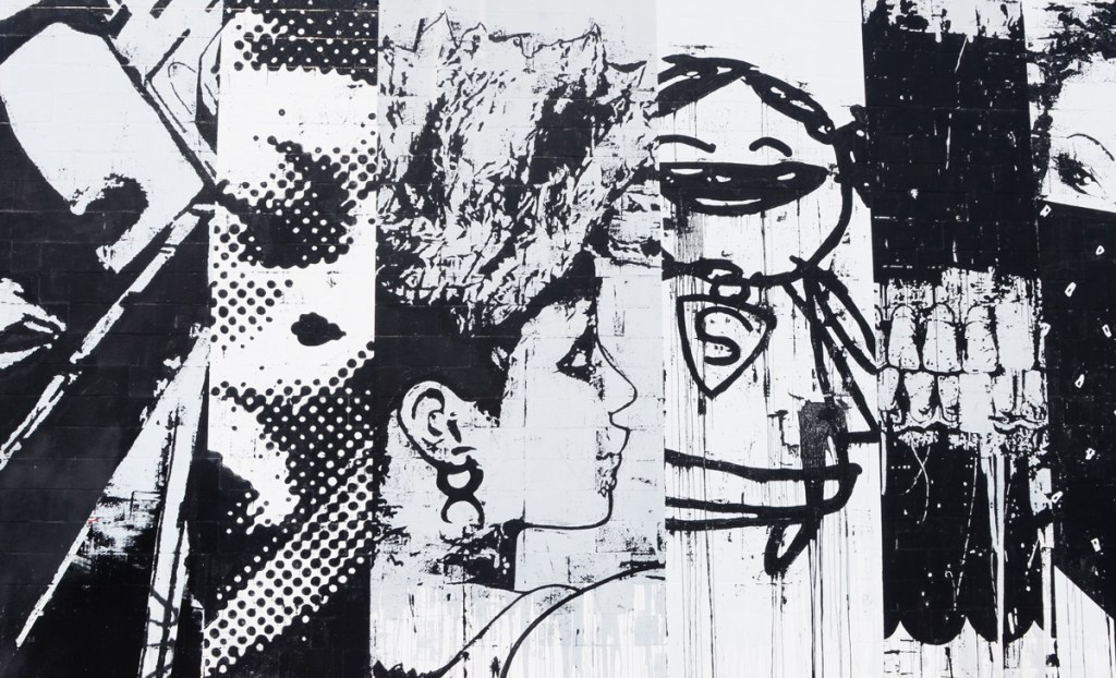 close up of part of a mural by Alex Hostomsky, 4 panels of different faces, one of a woman in profile wearing ear rings, a woman with a bandana over her mouth and nose. 