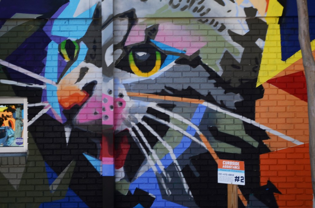 part of a mural, a cat's head, mouth open, tooth showing