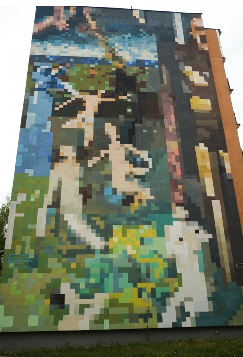 landscape scene with people, large mural, but painting as if it were a pixelated picture