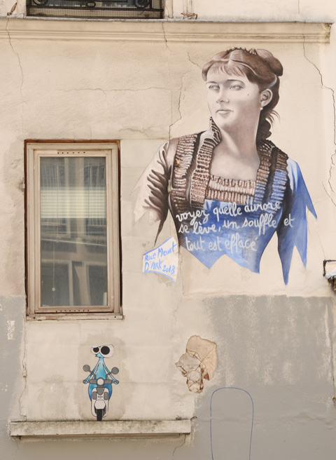 portrait of a woman, exterior, collage, street art