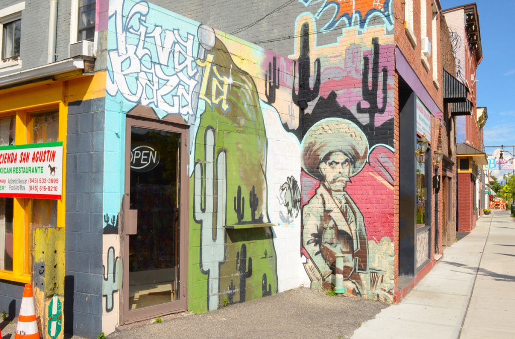 street art paintings around the entrance to a business, southwestern theme, cactii