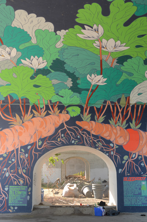 large mural under a bridge, bloodroot plant, roots and leaves and flowers, painted by Jill Stanton