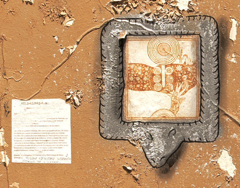 a faded to sepia from black and white print of a painting of the redeemer, full of Christian symbolism, by St. Hildegard many centuries ago, copy is pasted onto a concrete wall with peeling paint in Paris 