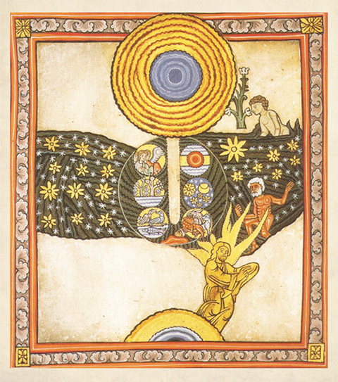 print of a painting of the redeemer, full of Christian symbolism, by St. Hildegard many centuries ago, original colours