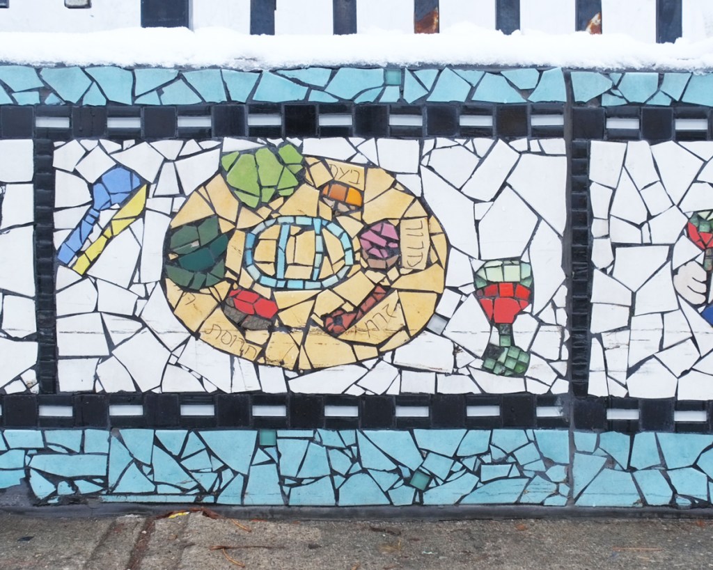 mosaic, Mural Routes, Almond and wine, passover dinner scene, in a film witn sprockets