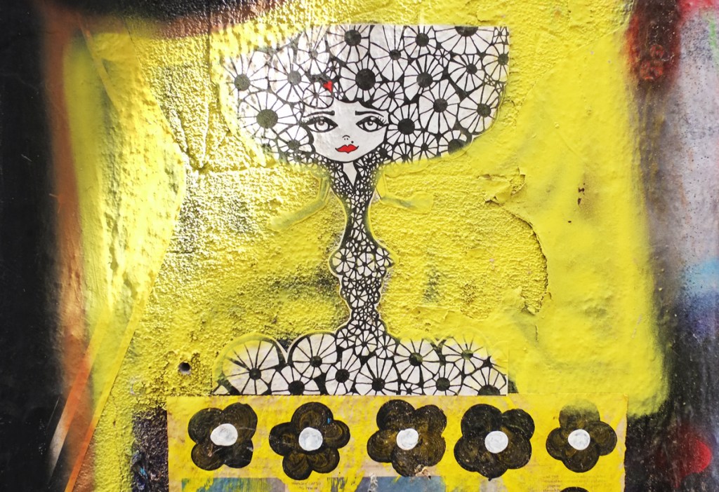 drecks drawing of a female character with hair as big black and white flowers, slaps in new york city, on yellow background