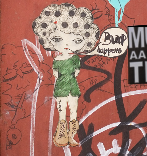 drecks drawing of a female character with hair as big black and white flowers, slaps in new york city, green outfit, big brown boots with laces, and a word bubble that says burp happens