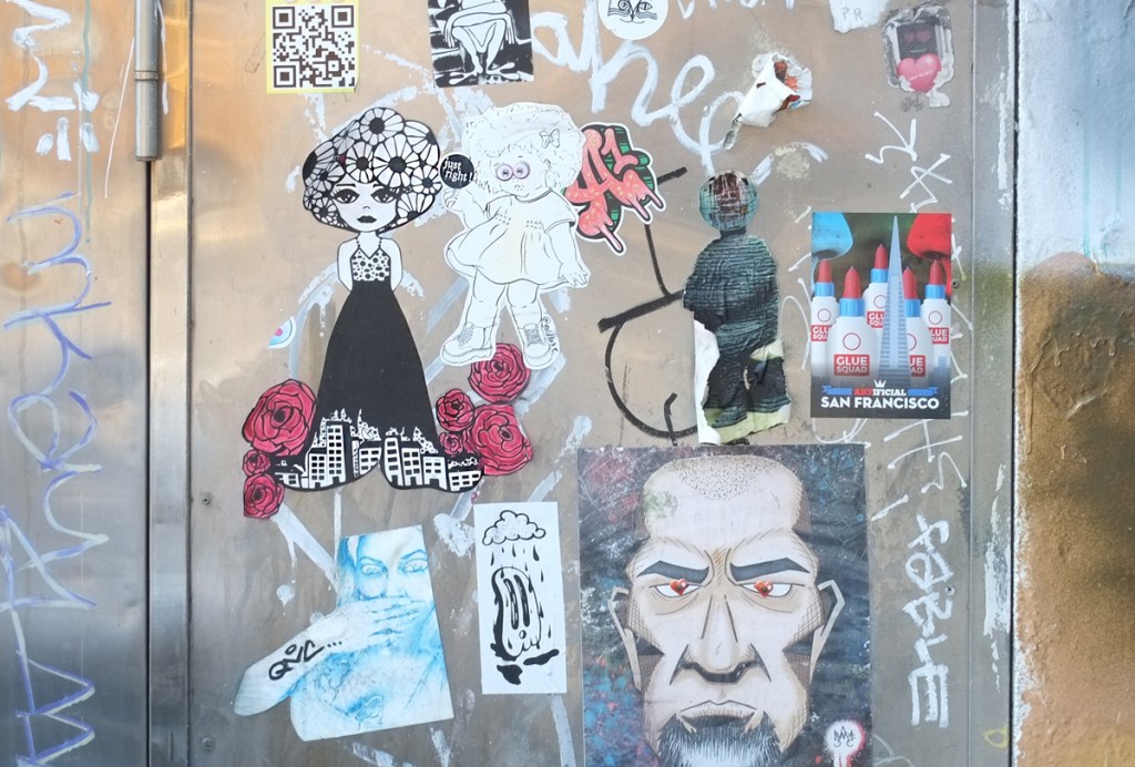 drecks drawing of a female character with hair as big black and white flowers, slaps in new york city, drawings of city buildings on the bottom of her pants