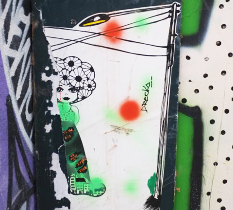 drecks drawing of a female character with hair as big black and white flowers, slaps in new york city, with green feet