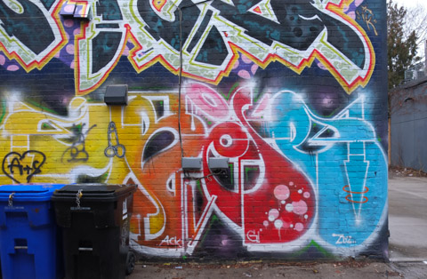 street art piece with trash bins in alley