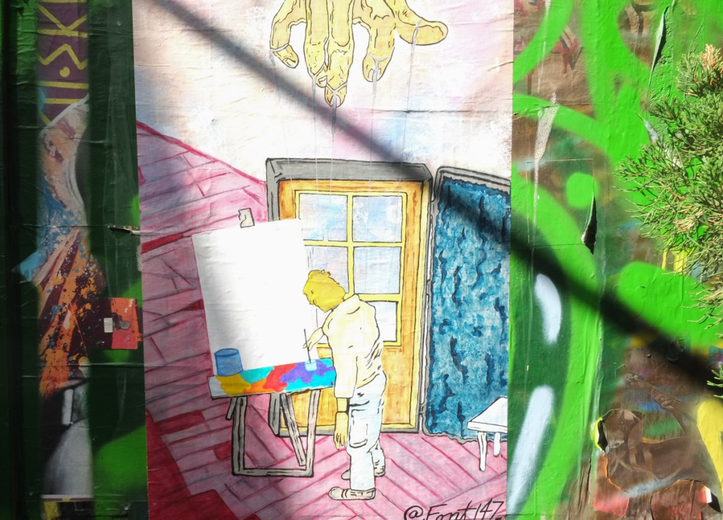 a poster by font147 of a yellow headed person painting on a large canvas and easel in front of a door and window