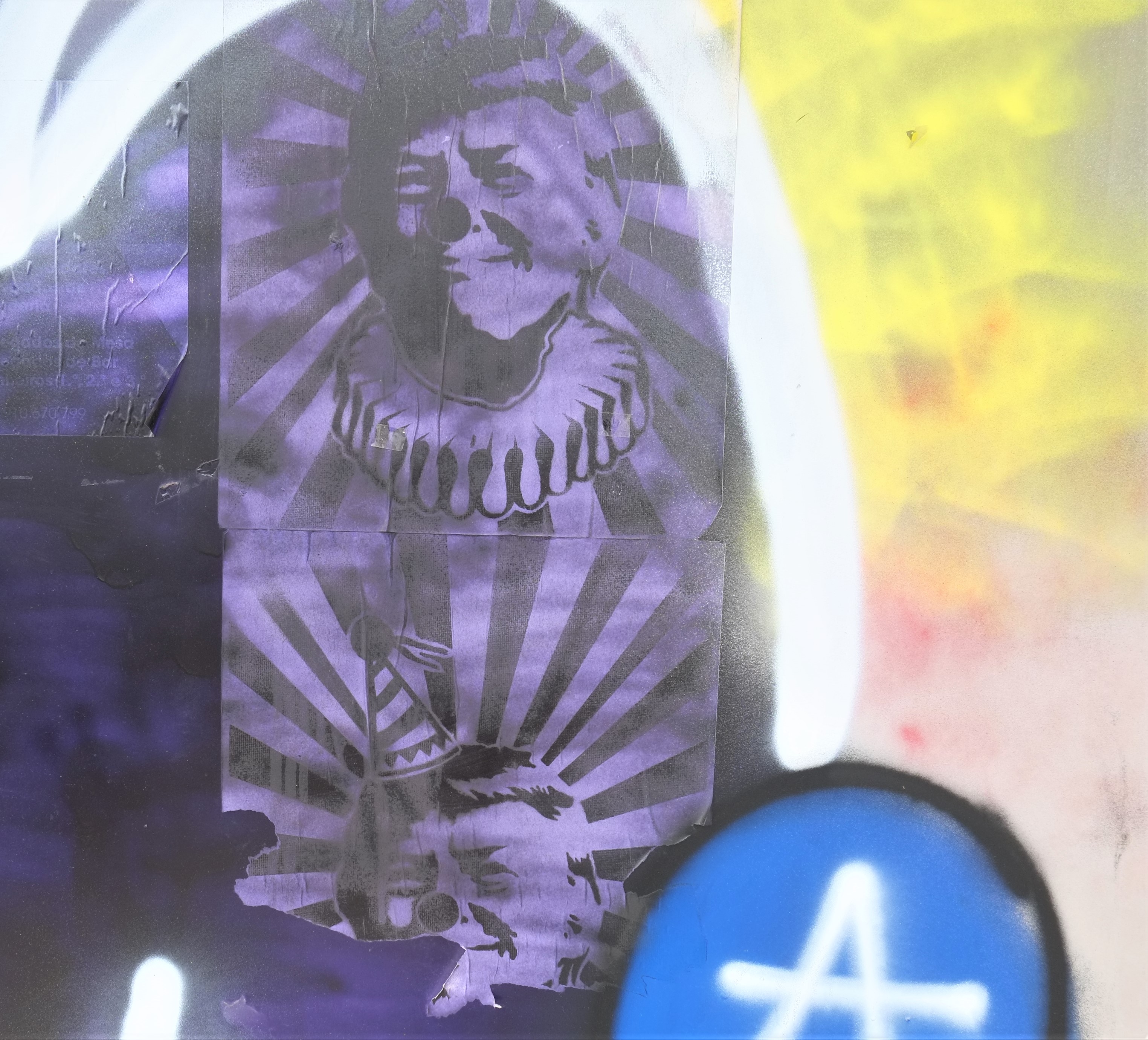 graffiti, Donald Trump in a clown costume including little hat, printed in purple and black