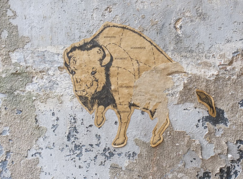 on brown paper, a drawing of a buffalo, small part missing, black lines section of parts of the seahorse similar to a butcher's plan