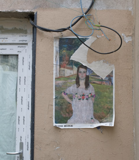 poster on a wall, part of Histoires Doubles project whereby two famous paintings are combined